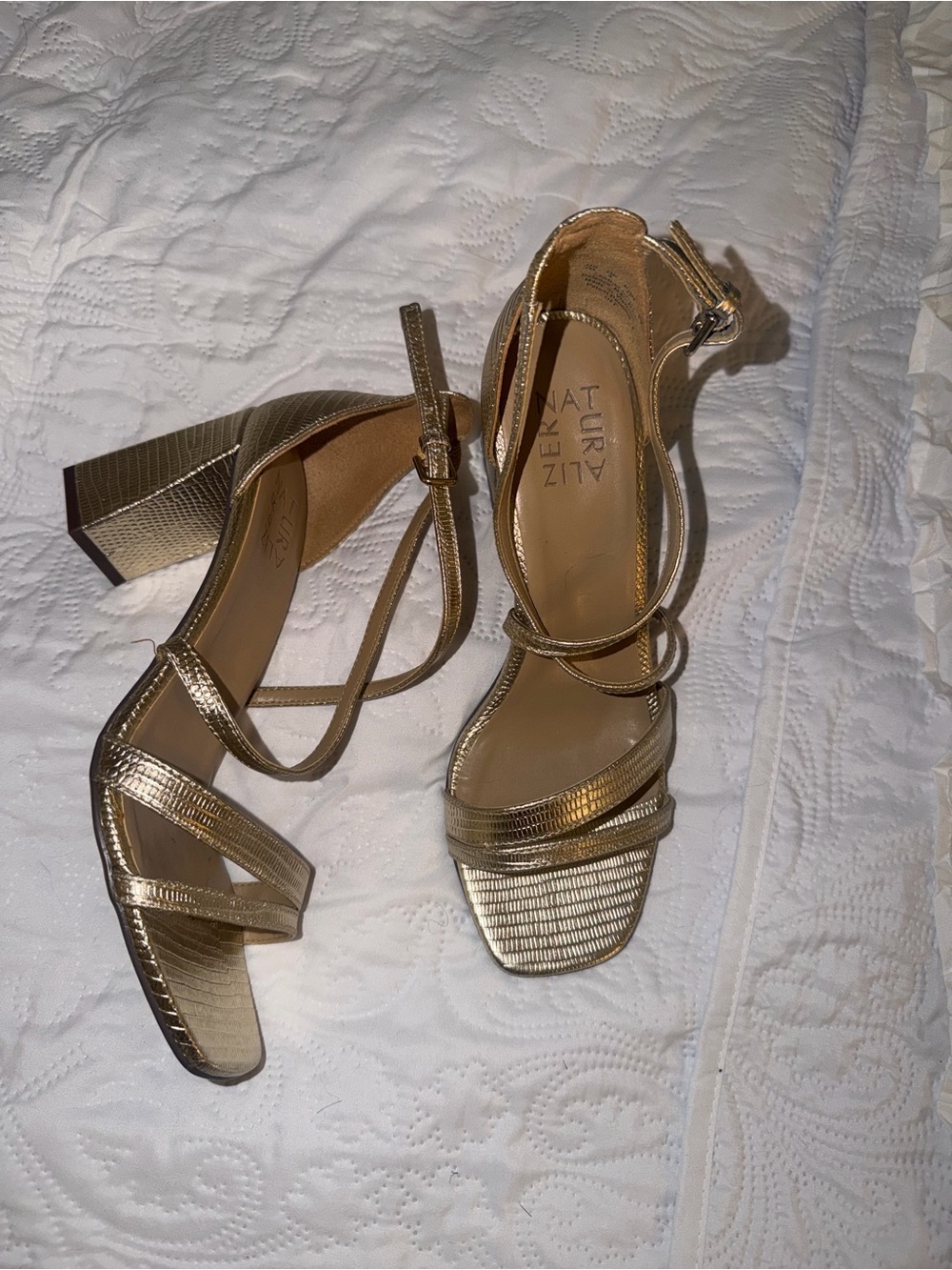 Naturalizer Metallic Gold Strappy Block Heel Sandals